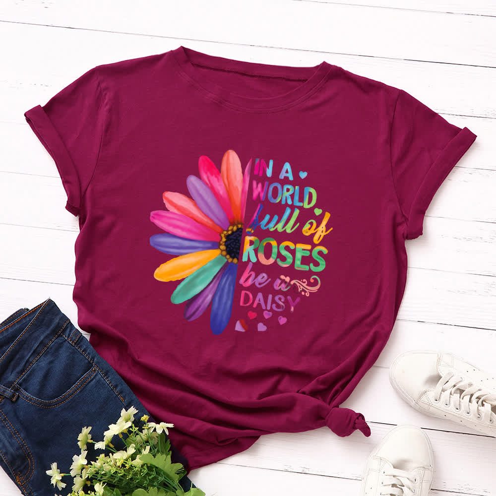 Plus Size Daisy Print Short Sleeve T-Shirt - Wine - 5XL - image 12