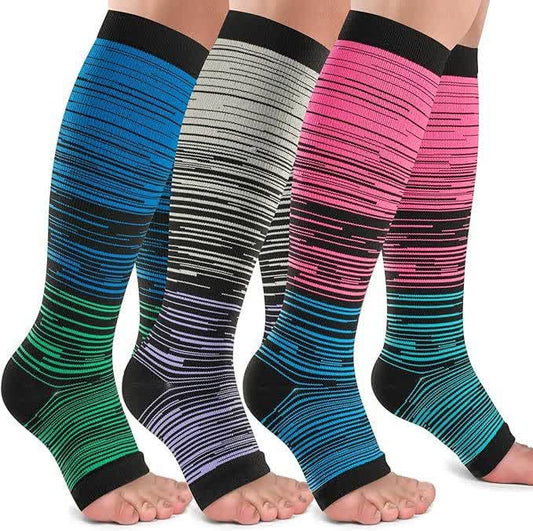 Black Striped Open Toe Compression Socks(3 Pairs) - Multicolor - 2XL - image 1