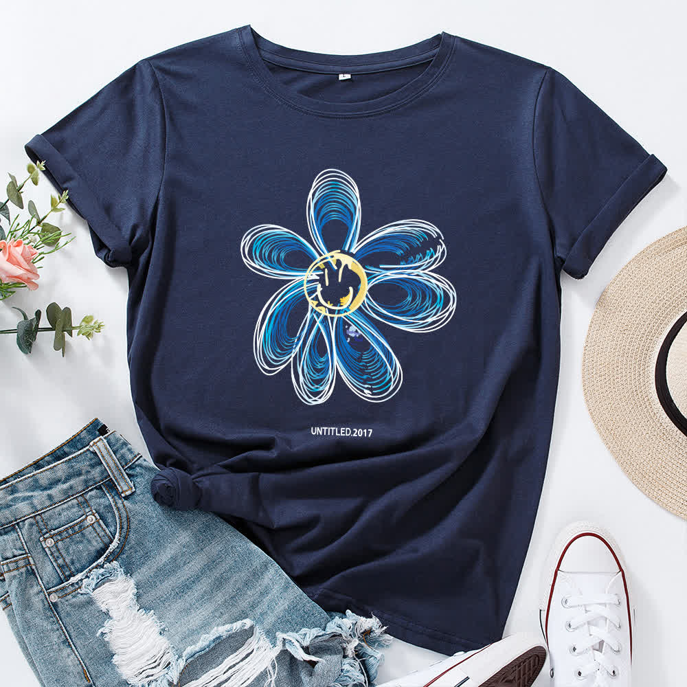 Plus Size Creative Floral Short Sleeve T-Shirt - Navy Blue - 5XL - image 8