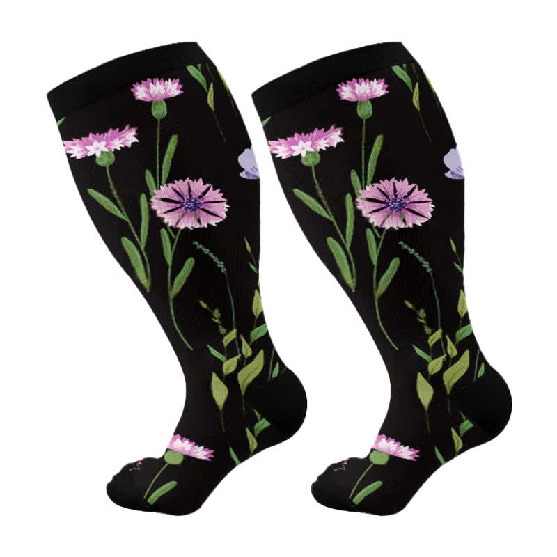 Plus Size Painted Flowers Compression Socks(3 Pairs) - image 5