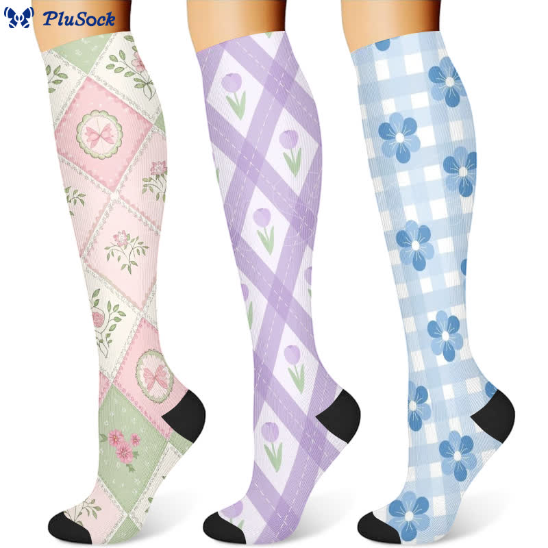 Plaid Floral Compression Socks(3 Pairs)