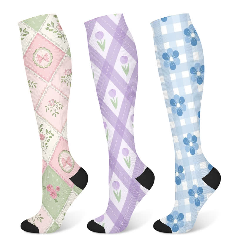 Plaid Floral Compression Socks(3 Pairs)