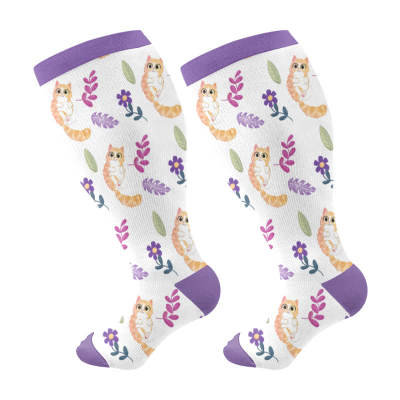 Plus Size Cat Flowers Compression Socks(3 Pairs)