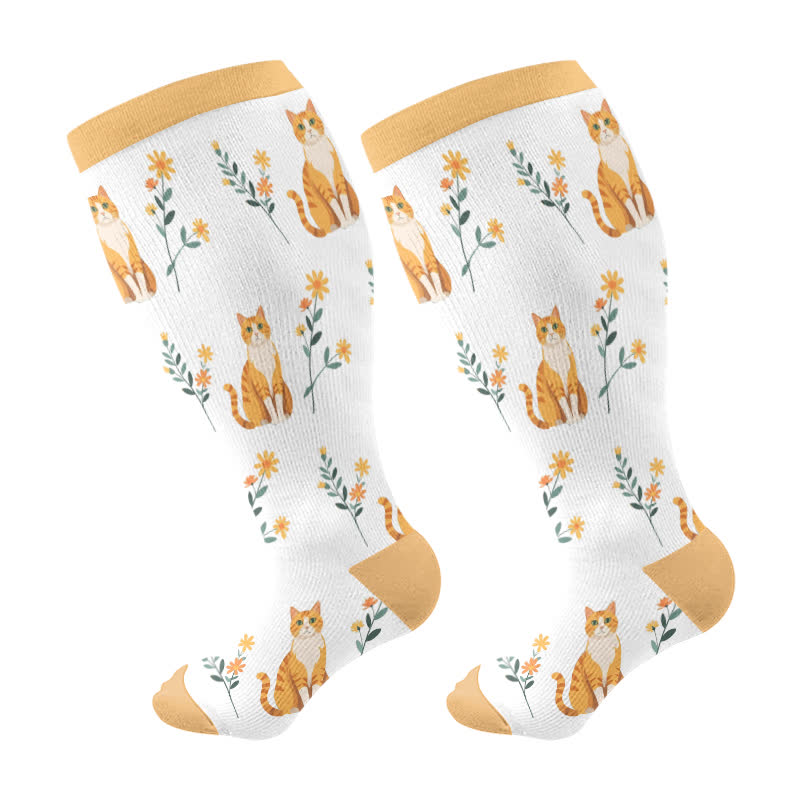 Plus Size Cat Flowers Compression Socks - Yellow - 4XL - image 7