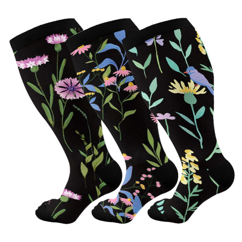 Plus Size Painted Flowers Compression Socks(3 Pairs) - image 8