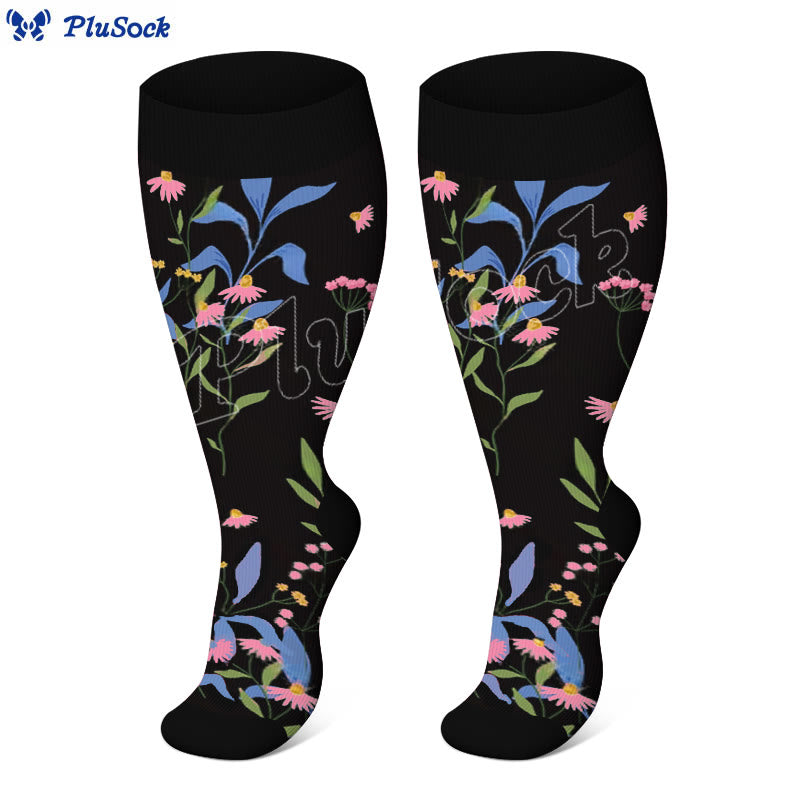 Plus Size Painted Flowers Compression Socks(3 Pairs) - image 3