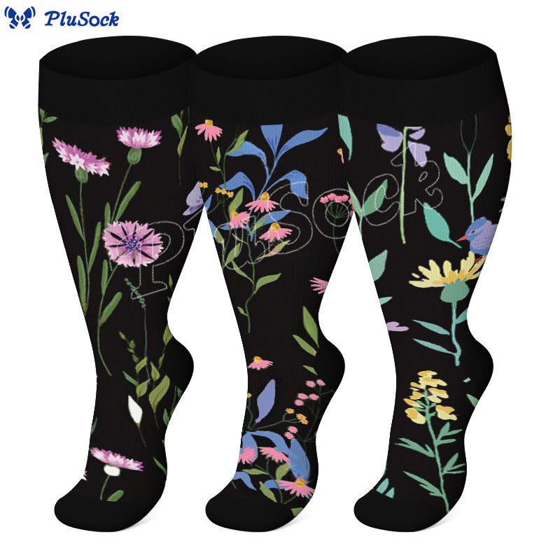Plus Size Painted Flowers Compression Socks(3 Pairs) - image 1
