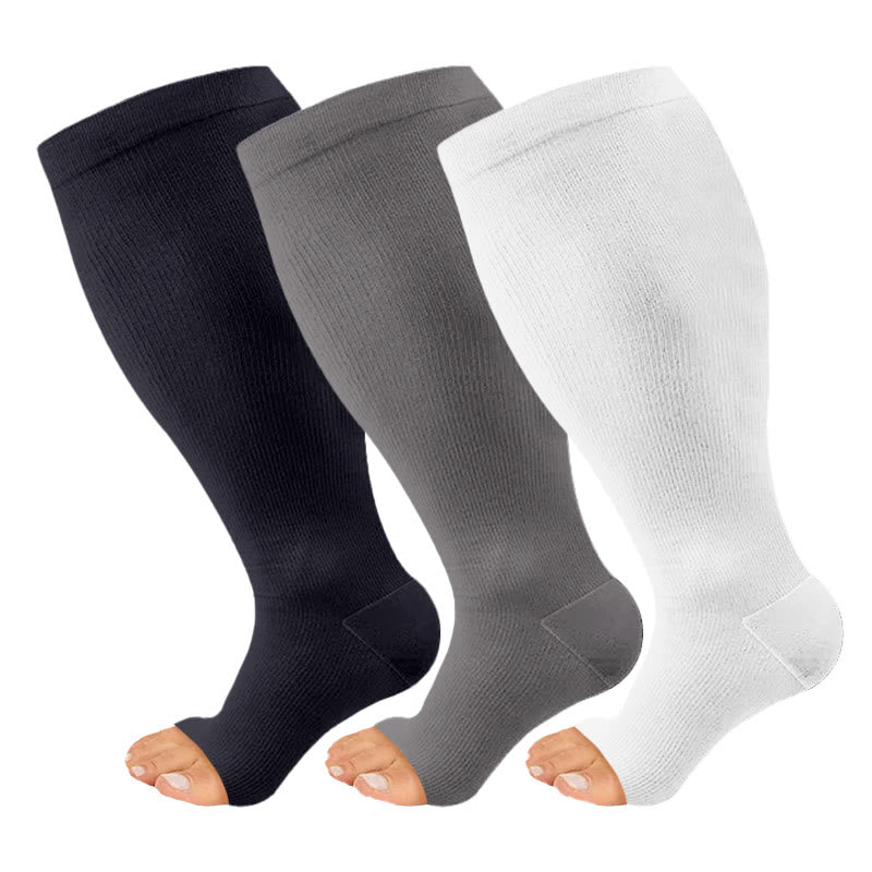 Plus Size Black White Gray Open Toe Compression Socks(3 Pairs) - Multicolor - 4XL - image 2