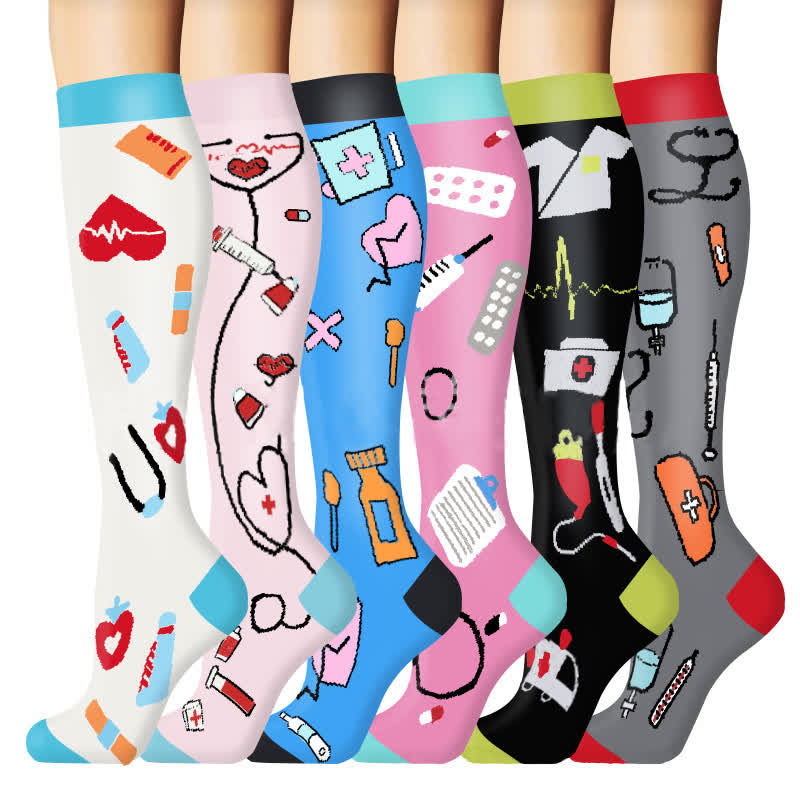 Medical Print Outdoor Running Compression Socks(6 Pairs) - Multicolor - L/XL - image 1