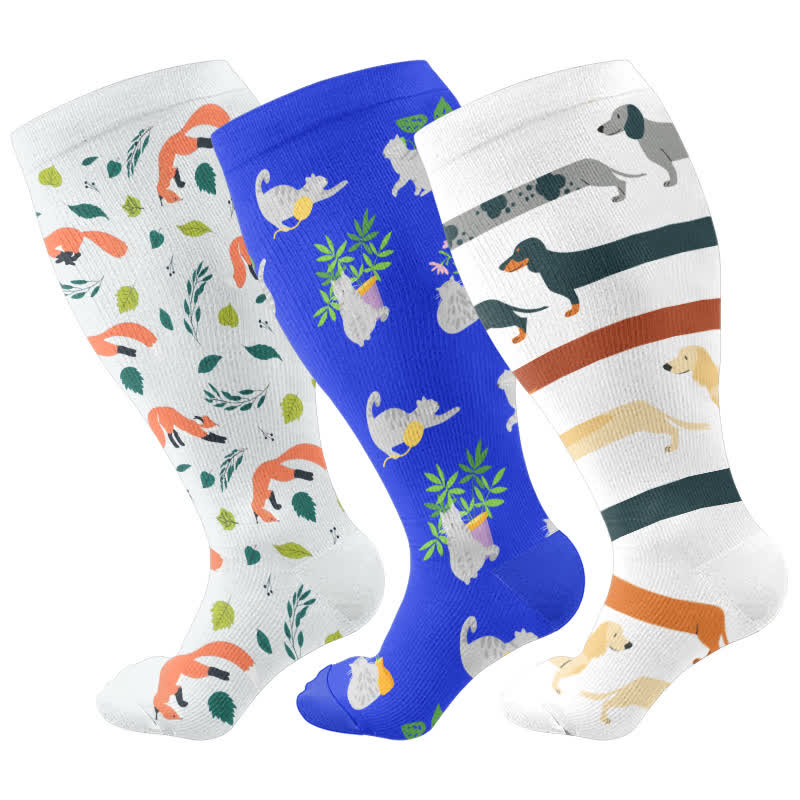Plus Size Cute Animal Print Compression Socks(3 Pairs)
