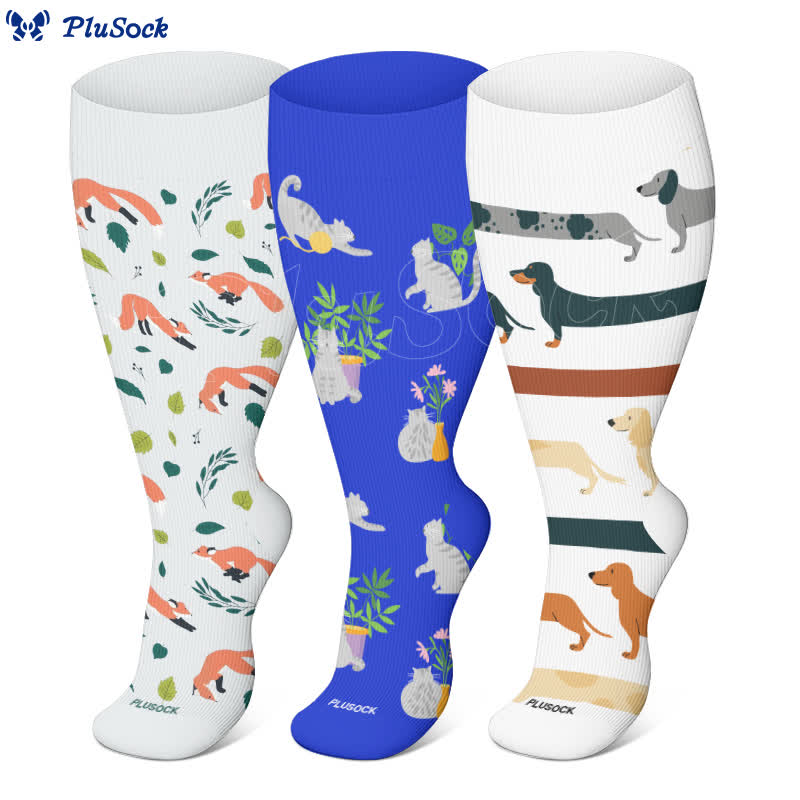 Plus Size Cute Animal Print Compression Socks(3 Pairs)