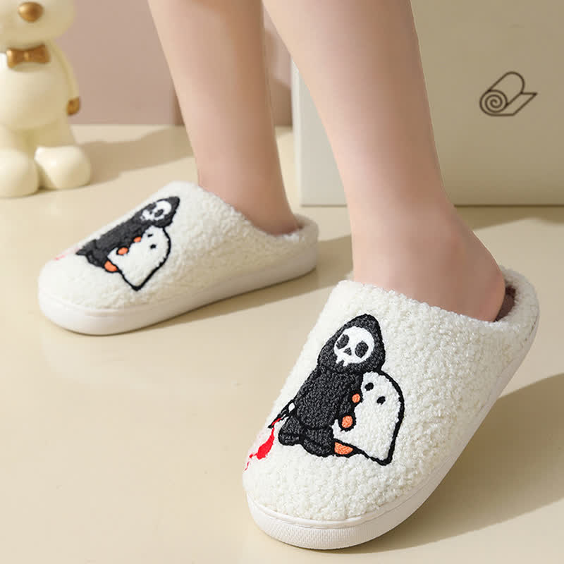 Cartoon Skull Ghost Print Fluffy Home Slippers - image 2