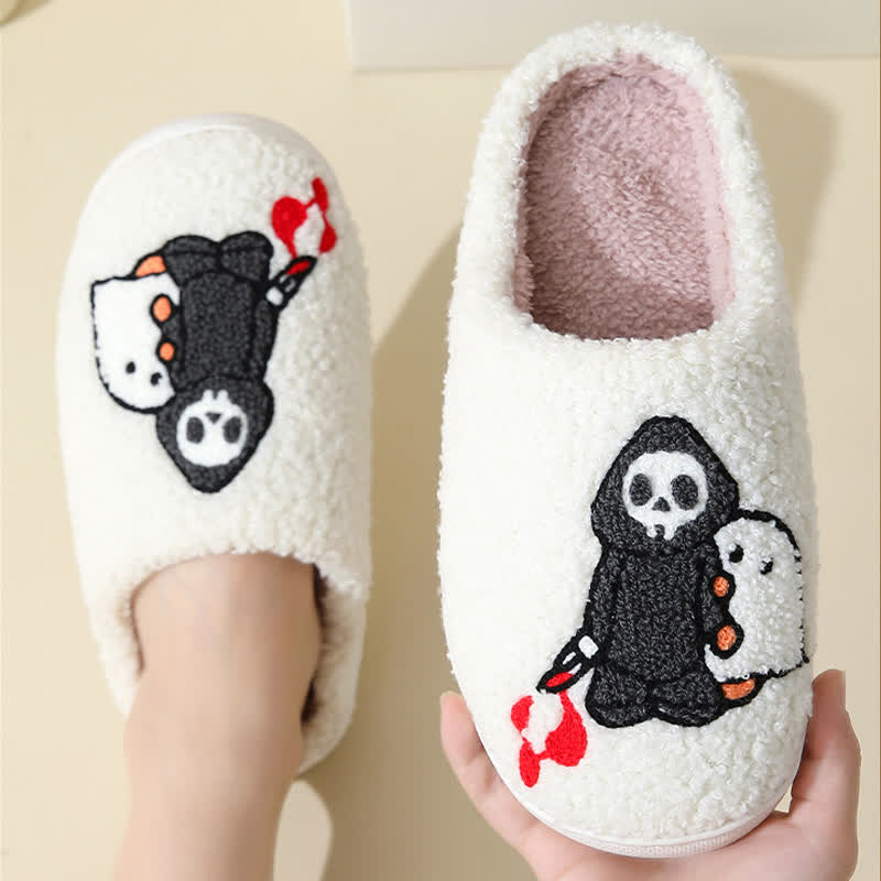 Cartoon Skull Ghost Print Fluffy Home Slippers - image 4