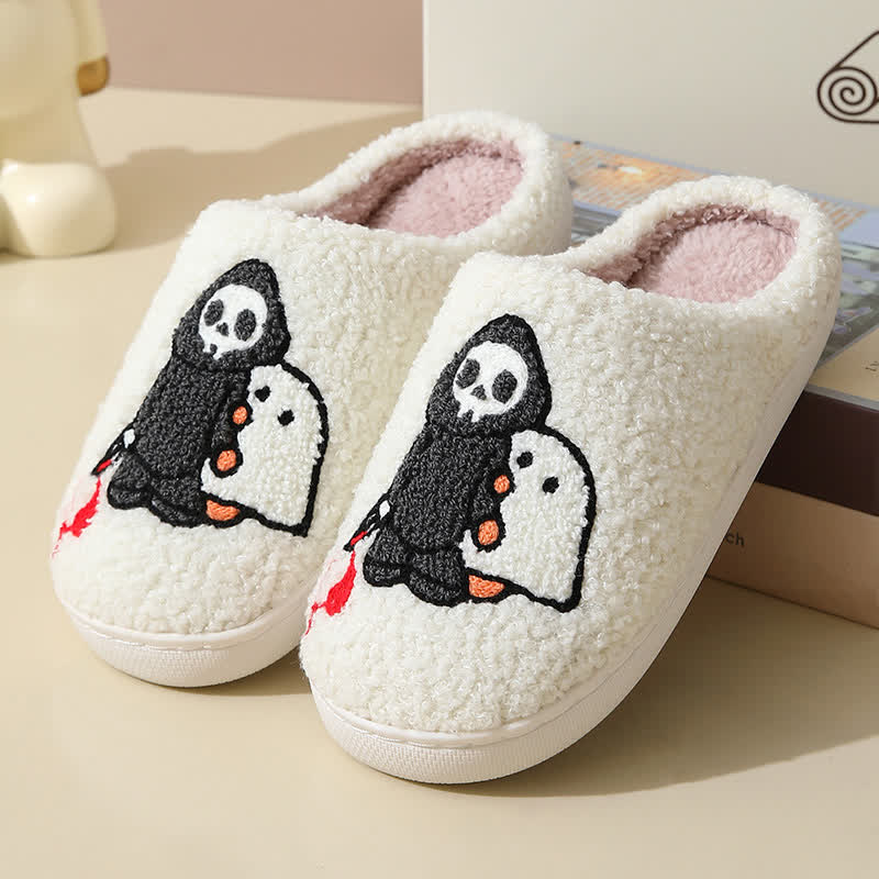 Cartoon Skull Ghost Print Fluffy Home Slippers - White - EU43-44(US9-10) - image 5