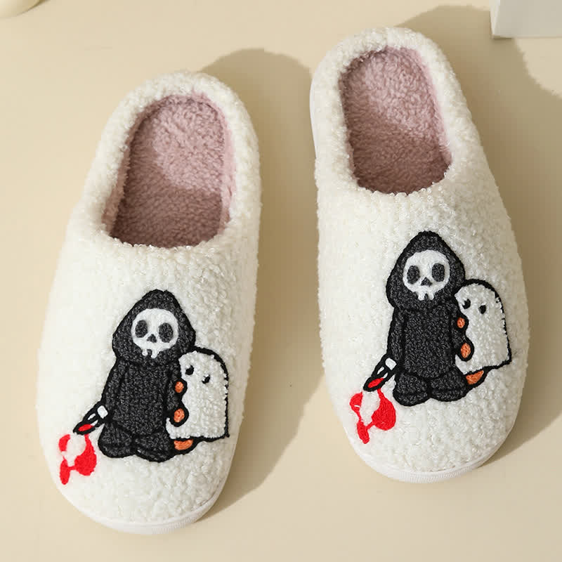 Cartoon Skull Ghost Print Fluffy Home Slippers - image 5