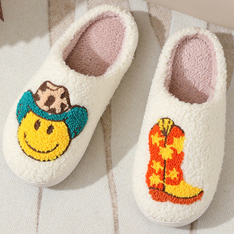 Cute Emoji Print Fluffy Home Slippers