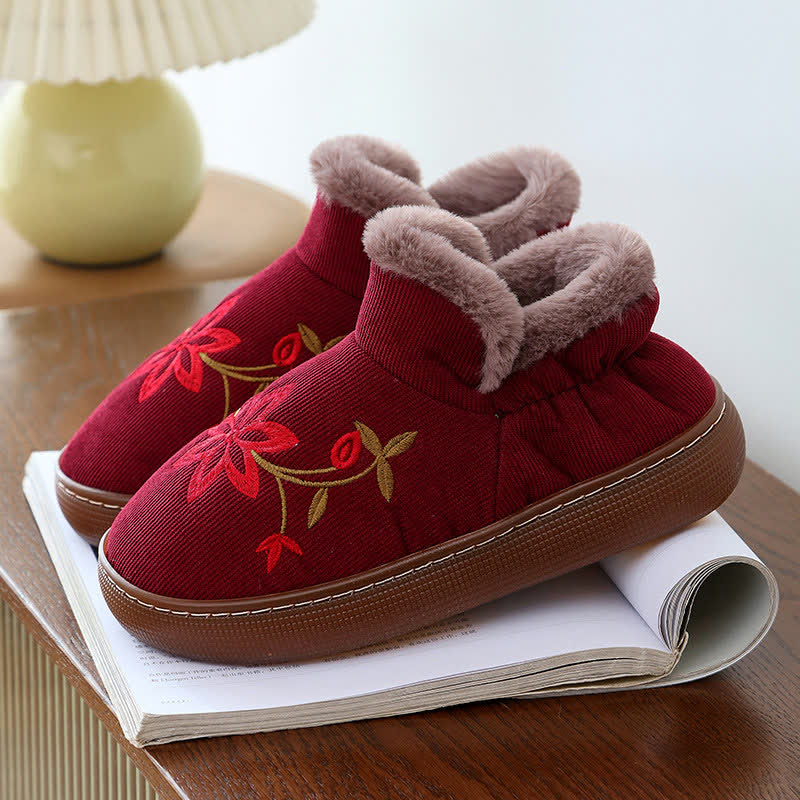 Flower Embroidered Home Non-slip Warm Slippers - Red - EU39-40(US6-7) - image 5