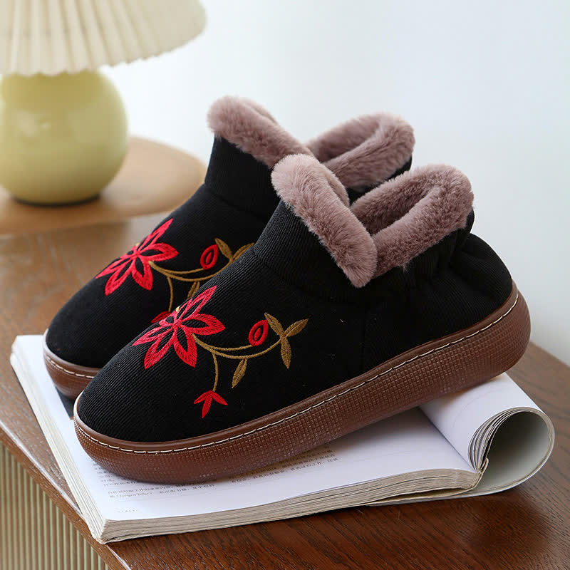 Flower Embroidered Home Non-slip Warm Slippers - Black - EU39-40(US6-7) - image 10