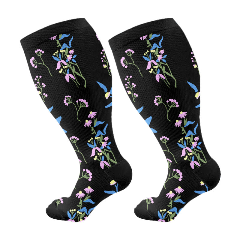 Plus Size Painted Flowers Compression Socks(3 Pairs) - Blue - 4XL - image 14