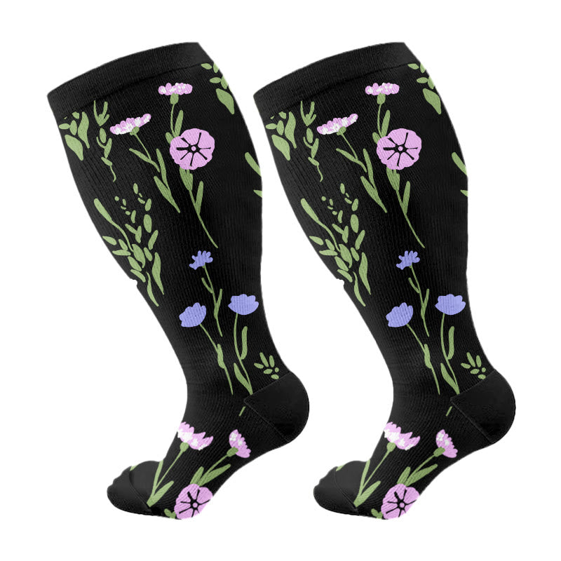 Plus Size Painted Flowers Compression Socks(3 Pairs) - Purple - 4XL - image 15