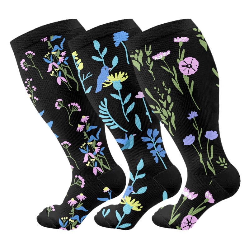 Plus Size Painted Flowers Compression Socks(3 Pairs) - Multicolor - 4XL - image 13