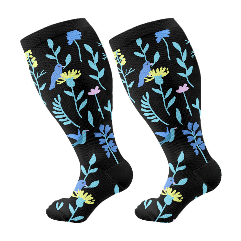 Plus Size Painted Flowers Compression Socks - Yellow - 4XL - image 8
