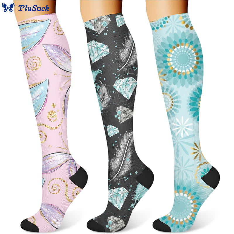 Feather Diamond Print Compression Socks(3 Pairs) - image 1