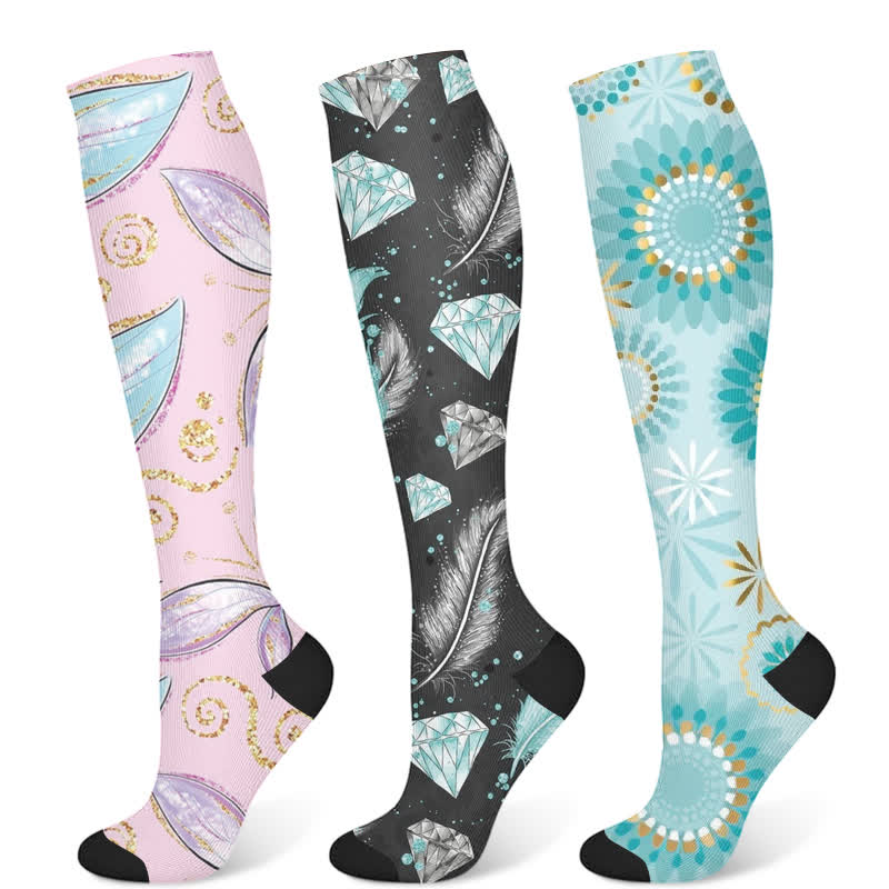 Feather Diamond Print Compression Socks(3 Pairs) - Multicolor - S/M - image 5