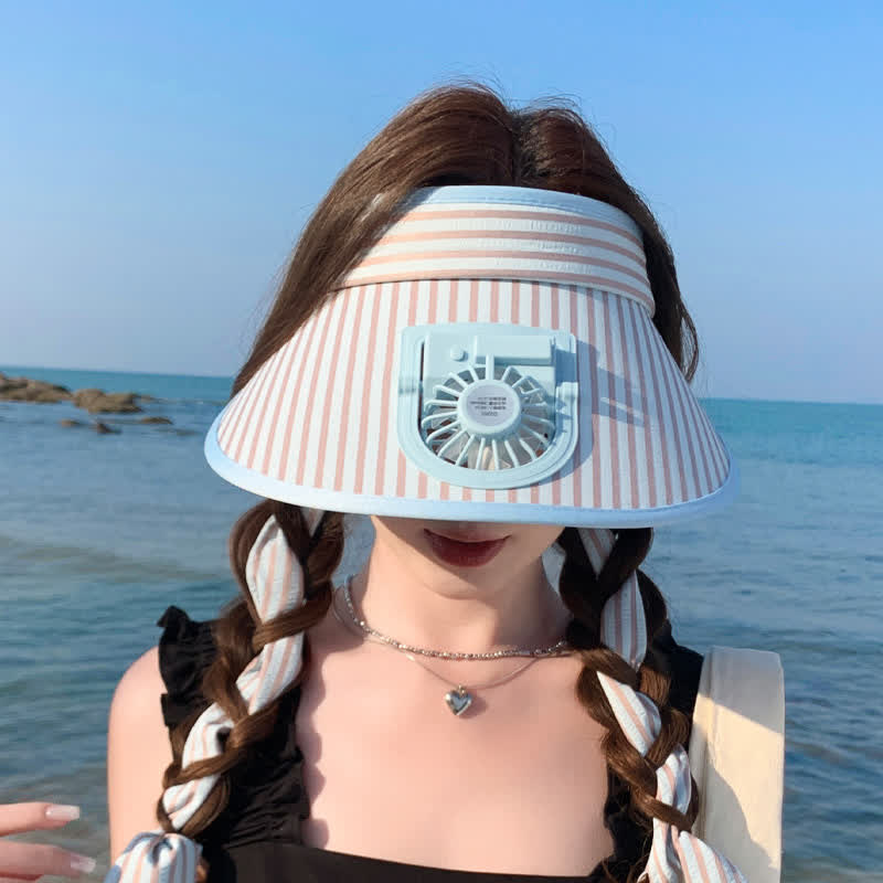 Striped Ribbon Rechargeable Fan Visor Sun Hat(2 Packs)