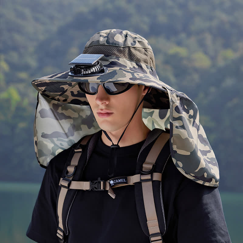 Camouflage Bucket Hat with Neck Flap and Rechargeable Fan(2 Packs) - Khaki - One Size - image 2