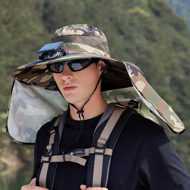 Camouflage Bucket Hat with Neck Flap and Rechargeable Fan(2 Packs) - Army Green - One Size - image 4