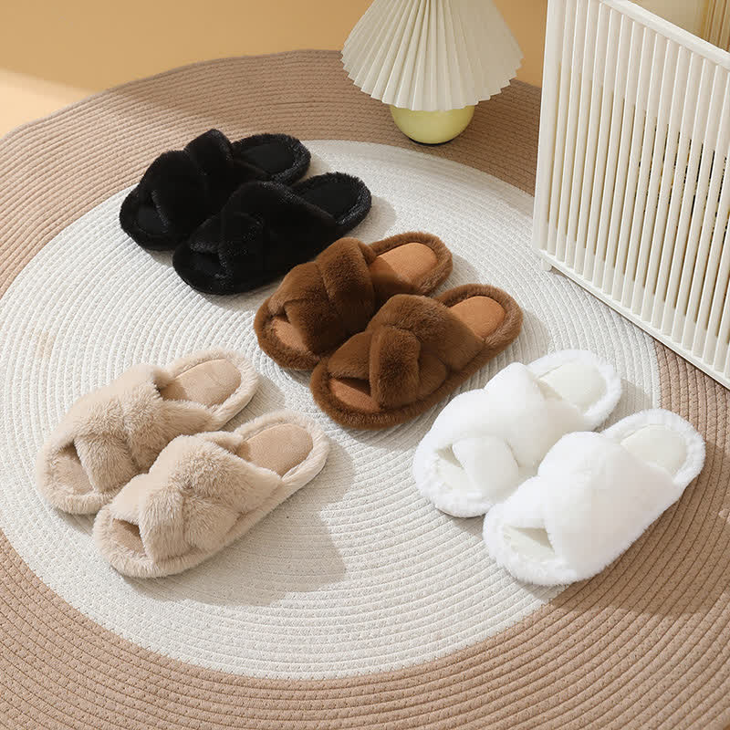Plus Size Solid Color Fuzzy Cross Band Slippers