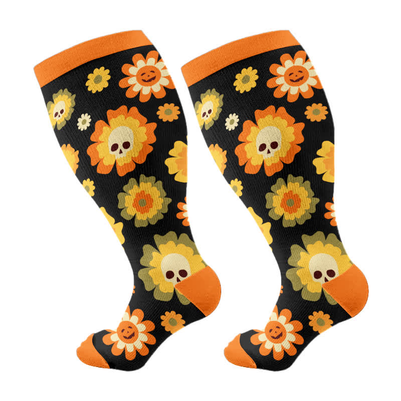 Plus Size Halloween Floral Skull Series Compression Socks(3 Pairs) - Orange(1 Pair) - 4XL - image 11