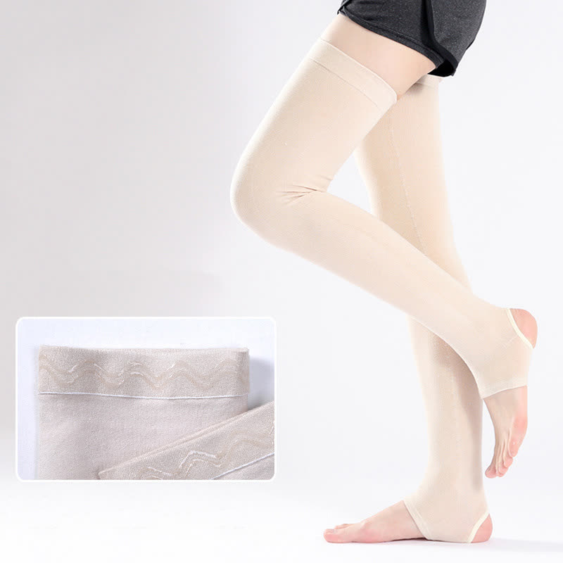 Solid Color Cotton Thigh Sleeves with Non-slip Silicone Grip - Beige - XL - image 5