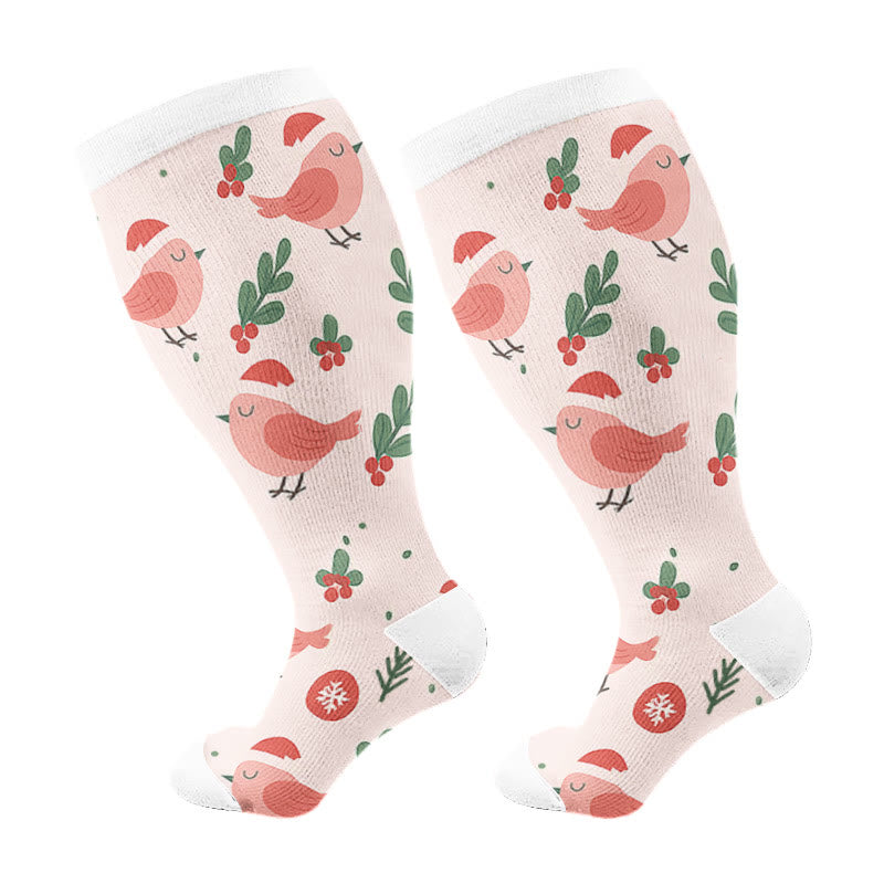 Plus Size Christmas Gnomes Birds Compression Socks - Pink - 4XL - image 6