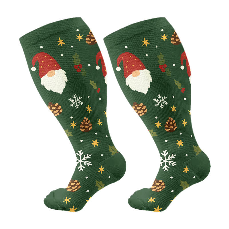 Plus Size Christmas Gnomes Birds Compression Socks - Green - 4XL - image 7