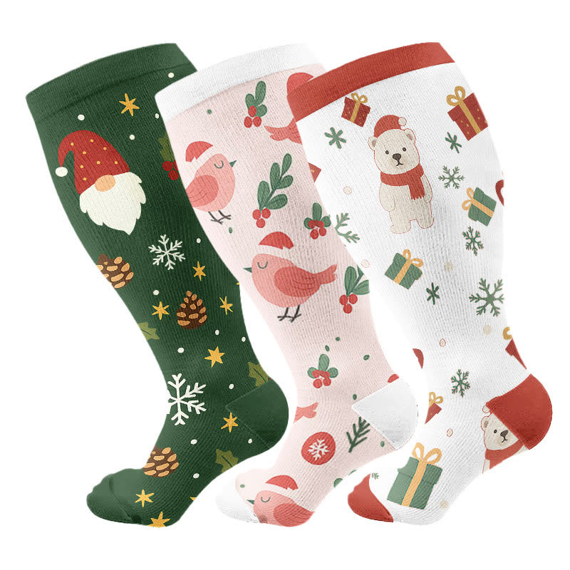 Plus Size Christmas Gnomes Birds Compression Socks(3 Pairs) - Multicolor - 4XL - image 5