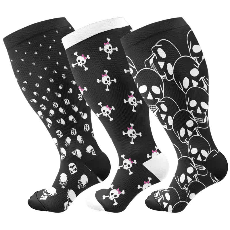 Plus Size Halloween Fun Skull Print Compression Socks(3 Pairs) - image 4