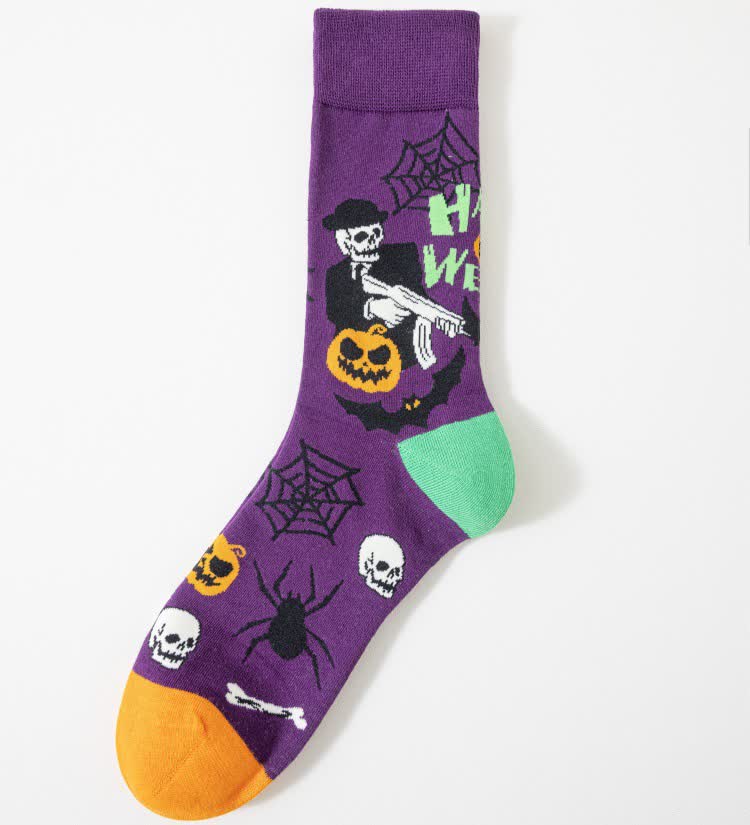 Plus Size Halloween Spooky Print Quarter Socks(5 Pairs) - Purple - EU41-46(US7.5-12) - image 6
