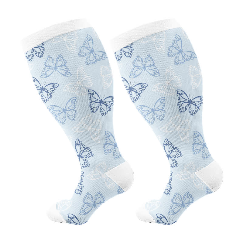 Plus Size Butterfly Flower Series Compression Socks - Blue - 4XL - image 5