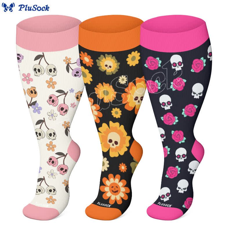 Plus Size Halloween Floral Skull Series Compression Socks(3 Pairs) - image 1