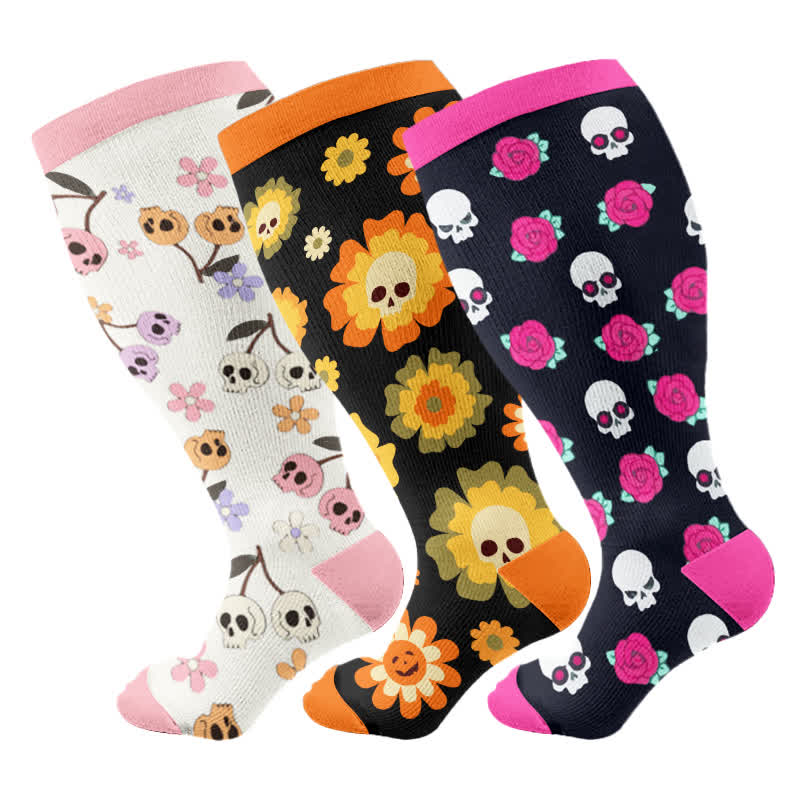 Plus Size Halloween Floral Skull Series Compression Socks(3 Pairs) - Multicolor - 4XL - image 9