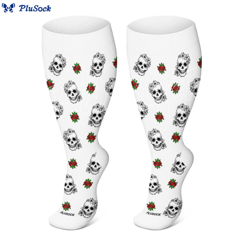 Plus Size Halloween Skull Flower Heart Print Compression Socks(3 Pairs) - image 1
