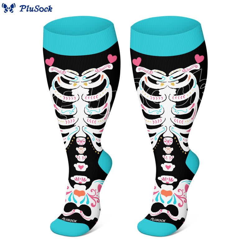 Plus Size Halloween Skull Flower Heart Print Compression Socks(3 Pairs) - image 3