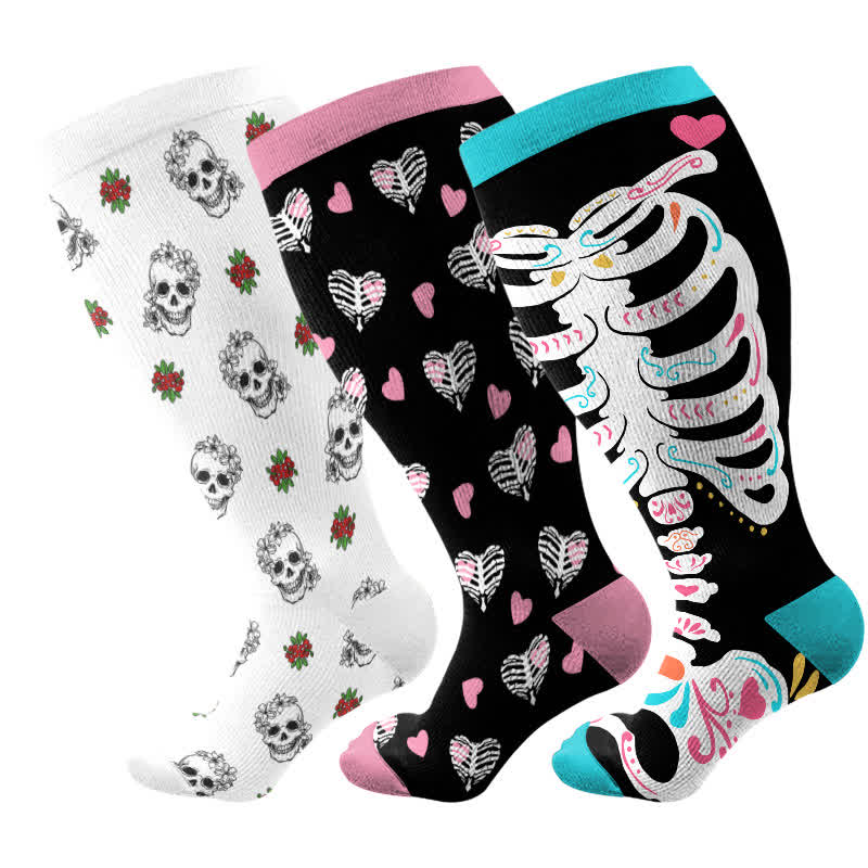 Plus Size Halloween Skull Flower Heart Print Compression Socks(3 Pairs) - Multicolor - 4XL - image 4