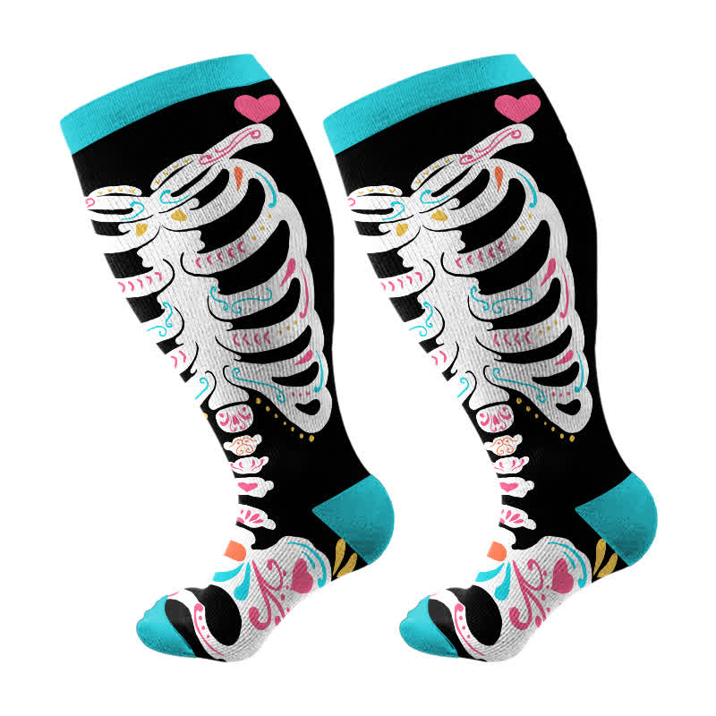 Plus Size Halloween Skull Flower Heart Print Compression Socks(3 Pairs) - Black&Blue(1 Pair) - 4XL - image 7