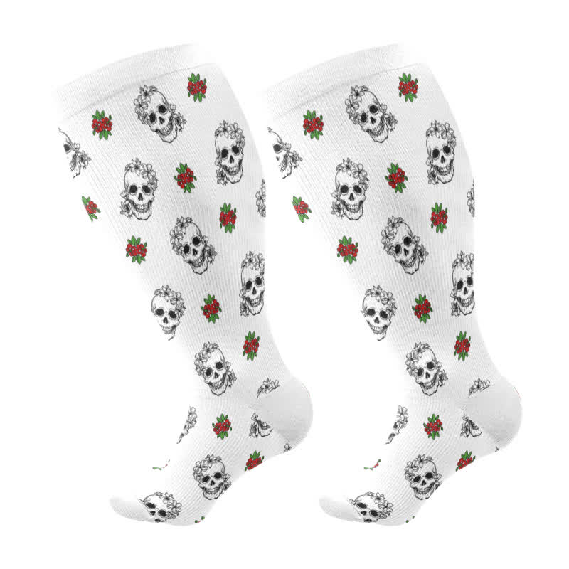Plus Size Halloween Skull Flower Heart Print Compression Socks(3 Pairs) - White(1 Pair) - 4XL - image 5