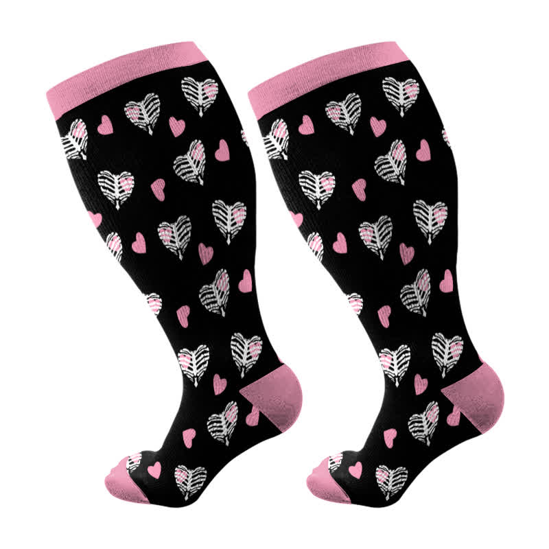Plus Size Halloween Skull Flower Heart Print Compression Socks(3 Pairs) - Black&Pink(1 Pair) - 4XL - image 6