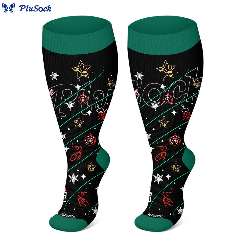 Plus Size Christmas Tree Bell Snowflake Print Compression Socks(3 Pairs) - image 2