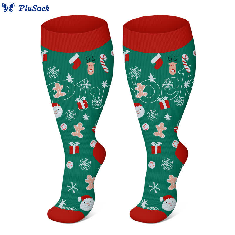 Plus Size Christmas Tree Bell Snowflake Print Compression Socks(3 Pairs) - image 3